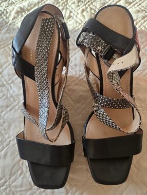 Kenneth Cole Black Heeled Sandals with Metallic Snake-Print Straps